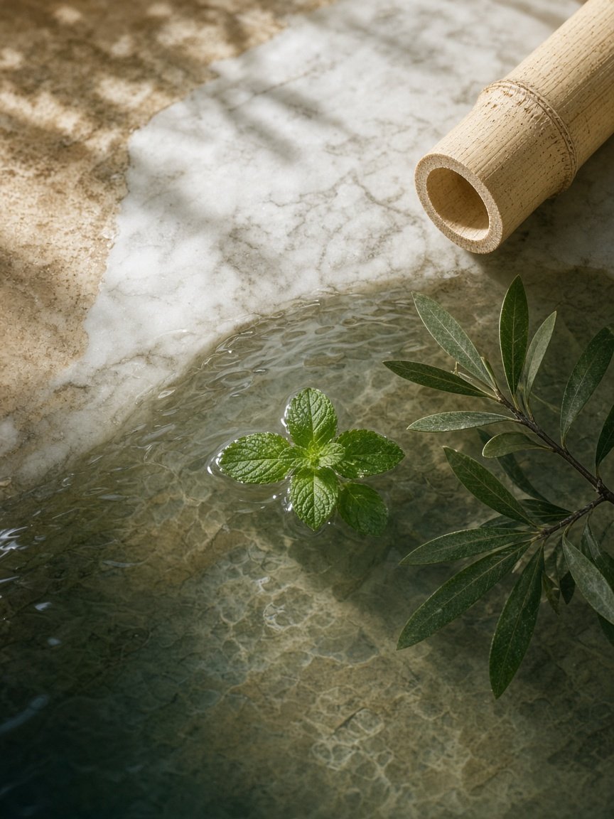 Agua, hojas de menta y bambú sobre piedra. Es atmósfera, no el producto.