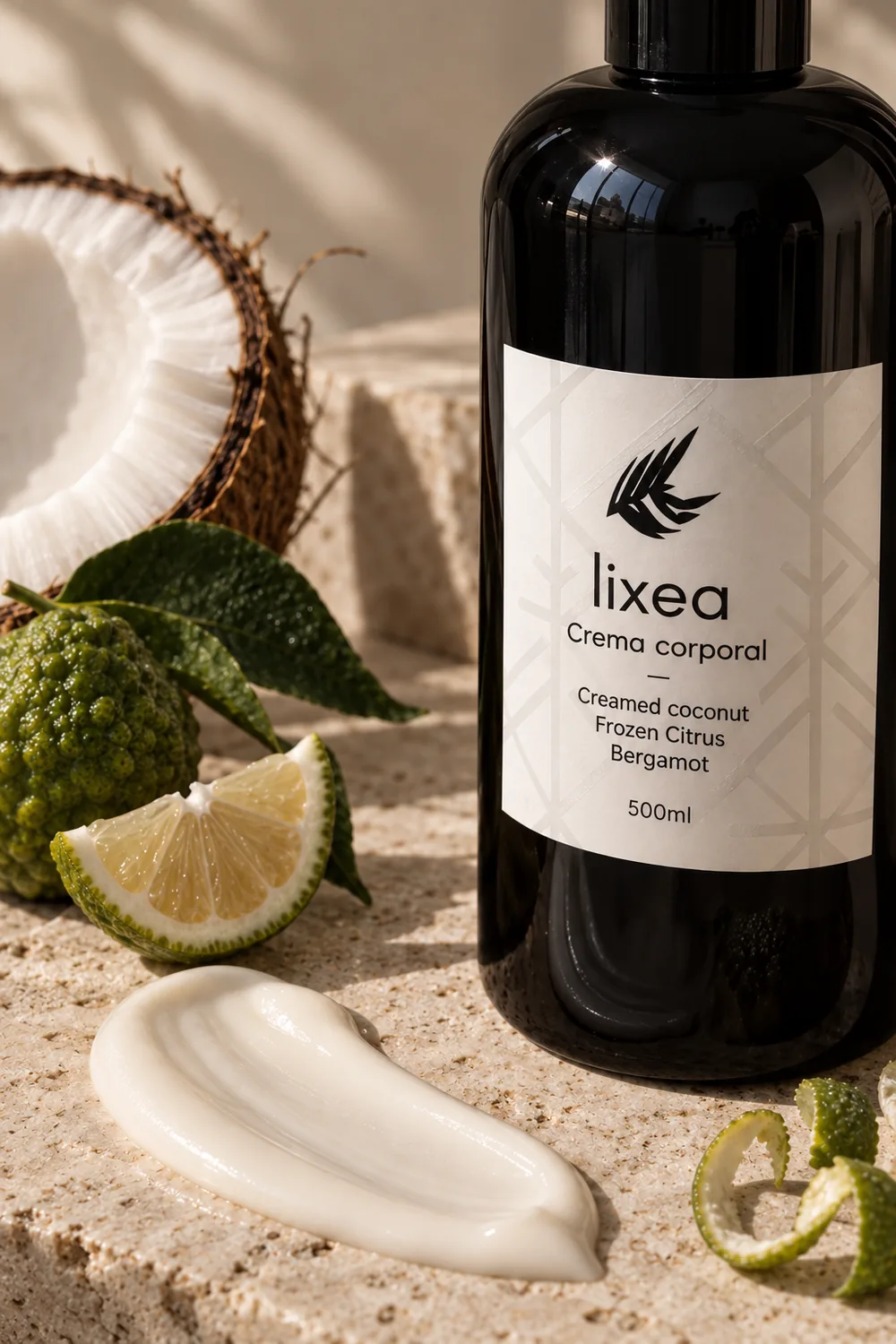 Crema corporal LIXEA con coco y cítricos sobre piedra